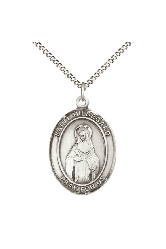 Pewter Saint Hildegard von Bingen Medal Pendant on 18 Inch Rhodium Plated Lite Curb Brass Chain with Lobster Claw Clasp,Catholic Religious Necklace -Made in USA- Deluxe Velvet Gift Box