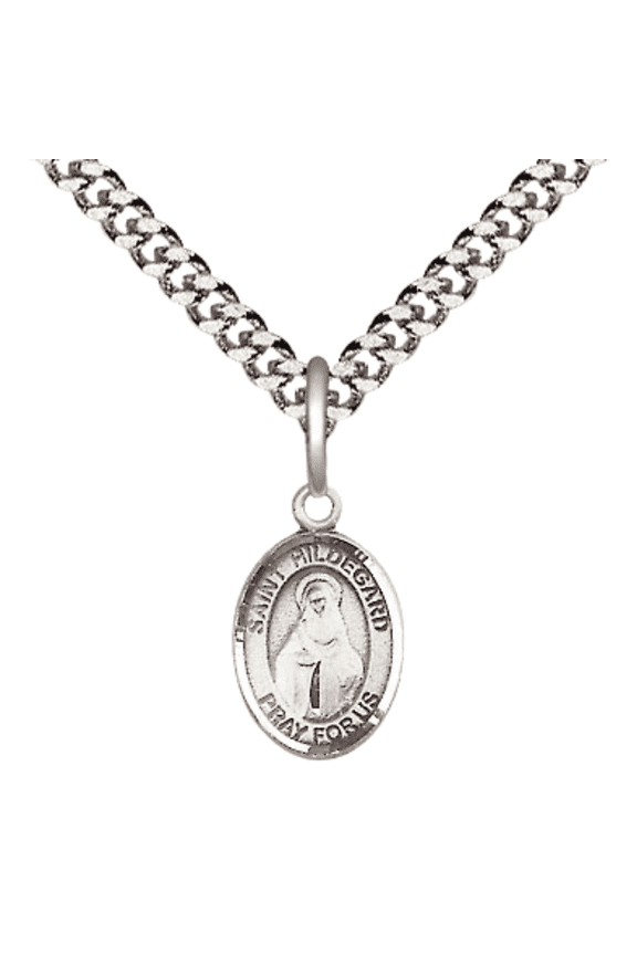 Pewter Saint Hildegard von Bingen Medal Pendant on 24 Inch Endless Rhodium Plated Heavy Curb Brass Chain, Catholic Religious Necklace -Made in USA- Deluxe Velvet Gift Box