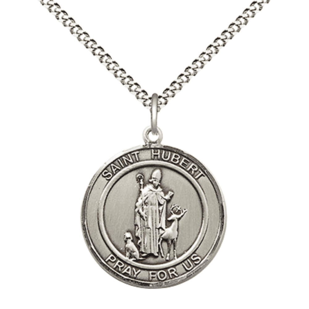 Pewter Saint Hubert of Liege Medal Pendant on 18 Inch Rhodium Plated ...