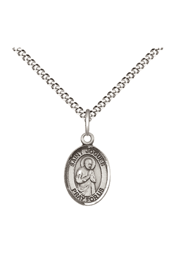 Small Pewter Saint Isaac Jogues Medal Pendant on 18 Inch Rhodium Plated Lite Curb Brass Chain with Lobster Claw Clasp, Catholic Religious Necklace - Made in USA- Velvet Gift Box