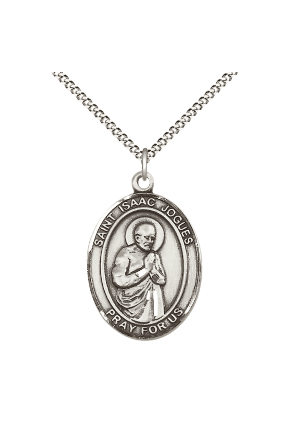 Pewter Saint Isaac Jogues Medal Pendant on 18 Inch Rhodium Plated Lite Curb Brass Chain w/ Lobster Claw Clasp,Catholic Religious Necklace -Made in USA- Deluxe Velvet Gift Box