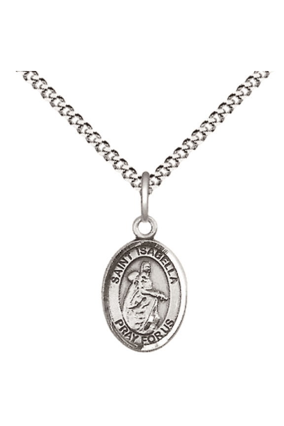 Pewter Saint Isabella of Portugal Medal Pendant on 18 Inch Rhodium Plated Lite Curb Brass Chain with Lobster Claw Clasp, Catholic Religious Necklace - Made in USA- Velvet Gift Box