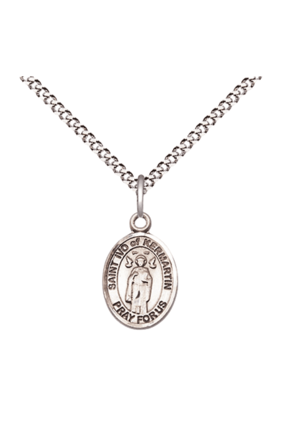 Pewter Saint Ivo Medal Pendant on 18 Inch Rhodium Plated Lite Curb Brass Chain with Lobster Claw Clasp, Catholic Religious Necklace - Made in USA- Velvet Gift Box