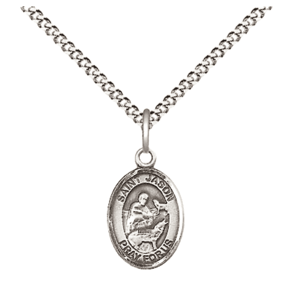 Pewter Saint Jason Medal Pendant on 18 Inch Rhodium Plated Lite Curb Brass Chain with Lobster Claw Clasp, Catholic Religious Necklace - Made in USA- Velvet Gift Box