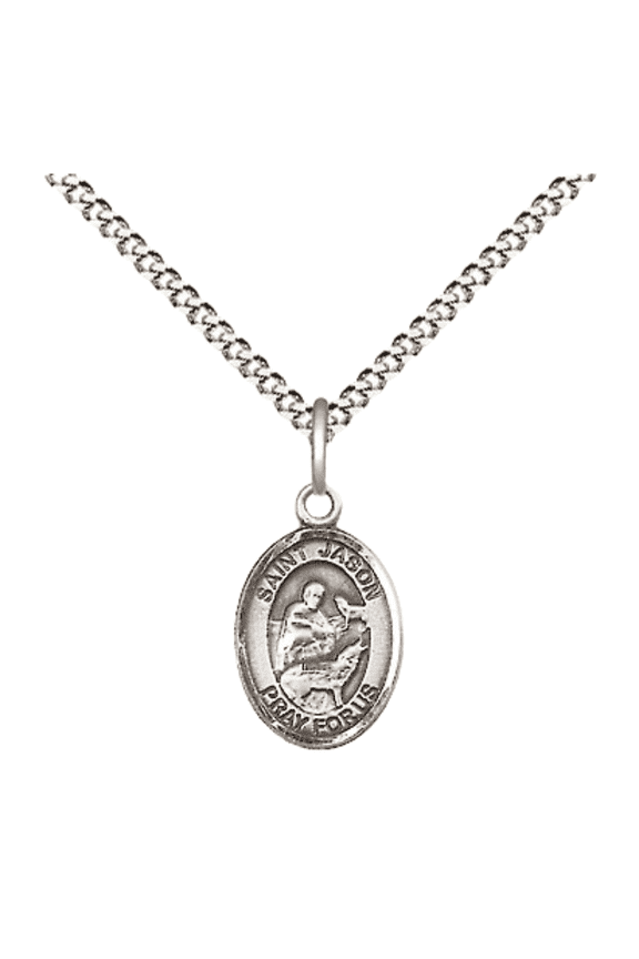 Pewter Saint Jason Medal Pendant on 18 Inch Rhodium Plated Lite Curb Brass Chain with Lobster Claw Clasp, Catholic Religious Necklace - Made in USA- Velvet Gift Box