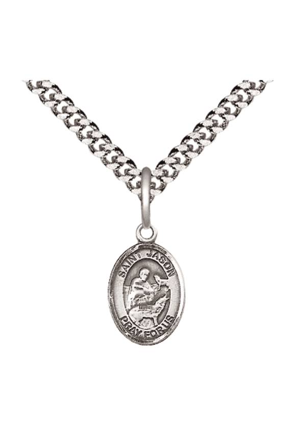 Pewter Saint Jason Medal Pendant on 24 Inch Endless Rhodium Plated Heavy Curb Brass Chain, Catholic Religious Necklace -Made in USA- Deluxe Velvet Gift Box