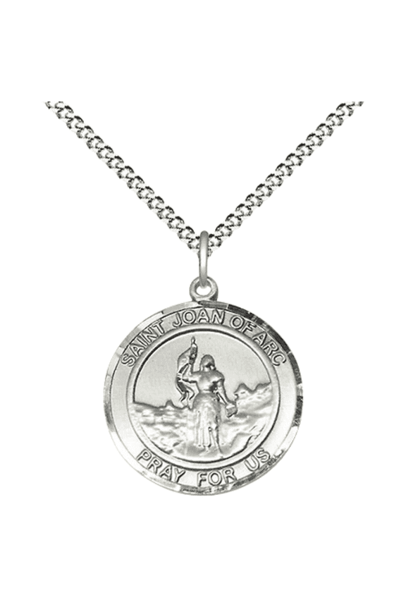 Pewter Saint Joan of Arc Medal Pendant on 18 Inch Rhodium Plated Lite Curb Brass Chain w/ Lobster Claw clasp, Catholic Religious Necklace - Made in USA - Deluxe Velvet Gift Box