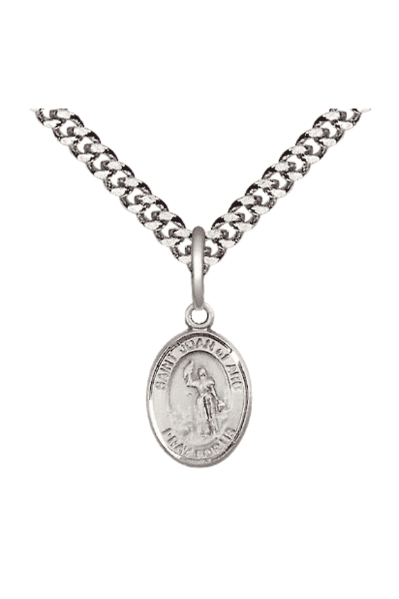 Pewter Saint Joan of Arc Medal Pendant on 24 Inch Endless Rhodium Plated Heavy Curb Brass Chain, Catholic Religious Necklace -Made in USA- Deluxe Velvet Gift Box