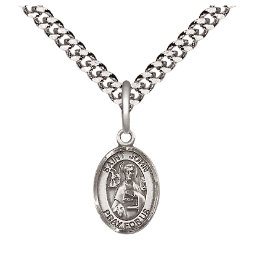 Pewter Saint John the Apostle Medal Pendant on 24 Inch Endless Rhodium ...