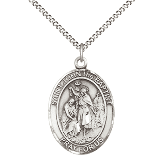 Pewter Saint John the Baptist Large Medal Pendant on 18 Inch Rhodium Plated Lite Curb Brass Chain with Lobster Claw Clasp, Catholic Religious Necklace -Made in USA- Deluxe Velvet Gift Box