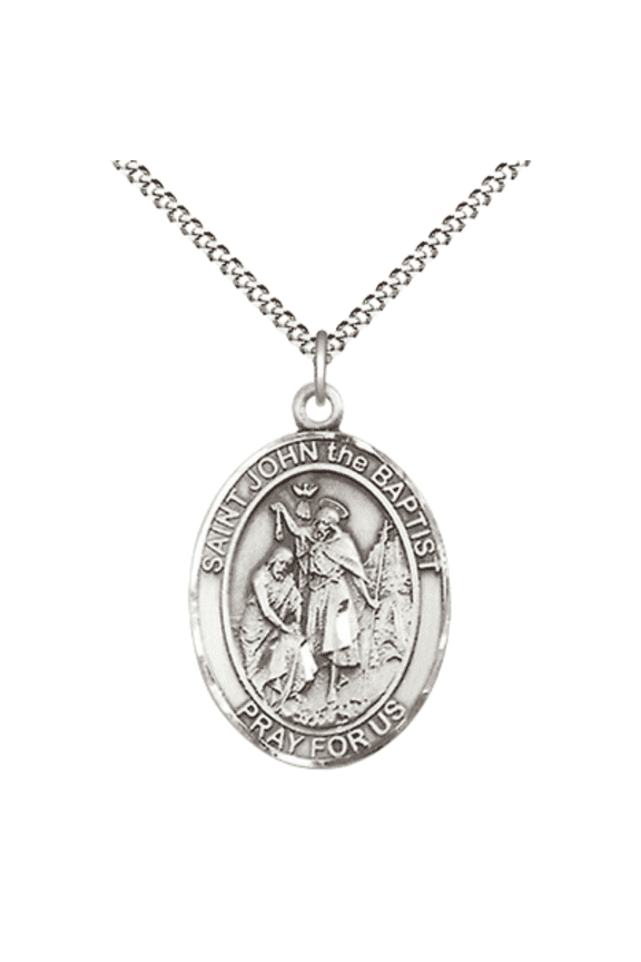 Pewter Saint John the Baptist Large Medal Pendant on 18 Inch Rhodium Plated Lite Curb Brass Chain with Lobster Claw Clasp, Catholic Religious Necklace -Made in USA- Deluxe Velvet Gift Box