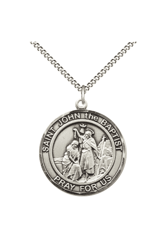 Pewter Saint John the Baptist Medal Pendant on 18 Inch Rhodium Plated Lite Curb Brass Chain with Lobster Claw Clasp,Catholic Religious Necklace -Made in USA- Deluxe Velvet Gift Box
