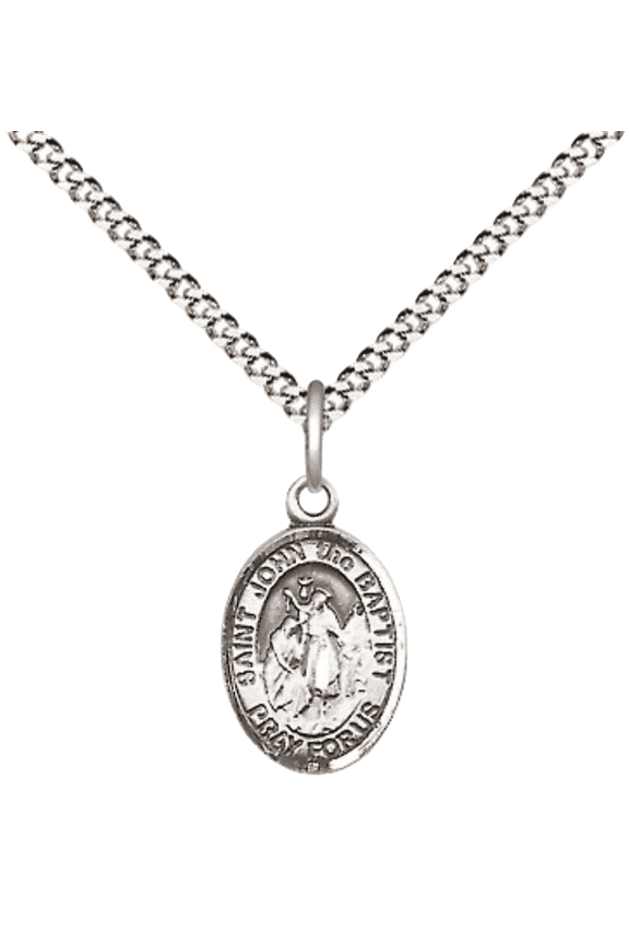 Pewter Saint John the Baptist Medal Pendant on 18 Inch Rhodium Plated Lite Curb Brass Chain with Lobster Claw Clasp, Catholic Religious Necklace - Made in USA- Velvet Gift Box