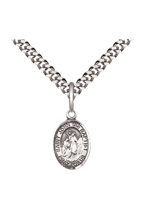 Pewter Saint John the Baptist Medal Pendant on 24 Inch Endless Rhodium Plated Heavy Curb Brass Chain, Catholic Religious Necklace -Made in USA- Deluxe Velvet Gift Box