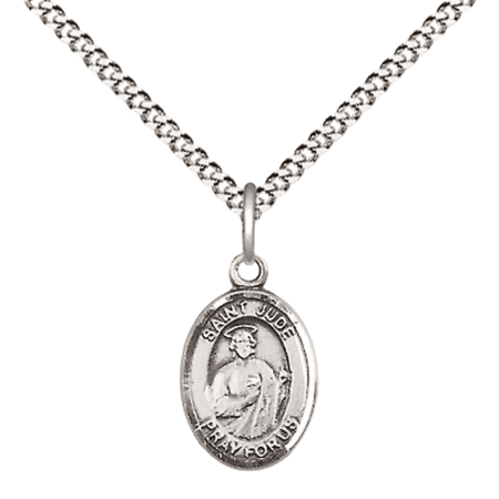 Small Pewter Saint Jude Medal Pendant on 18 Inch Rhodium Plated Lite Curb Brass Chain with Lobster Claw Clasp, Catholic Religious Necklace - Made in USA- Velvet Gift Box