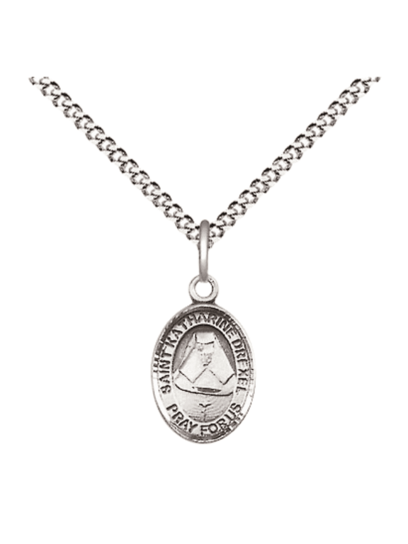 Pewter Saint Katharine Drexel Medal Pendant on 18 Inch Rhodium Plated Lite Curb Brass Chain with Lobster Claw Clasp, Catholic Religious Necklace - Made in USA- Velvet Gift Box