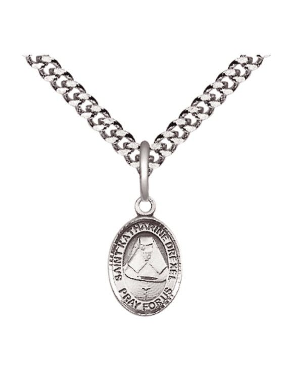 Pewter Saint Katharine Drexel Medal Pendant on 24 Inch Endless Rhodium Plated Heavy Curb Brass Chain, Catholic Religious Necklace -Made in USA- Deluxe Velvet Gift Box
