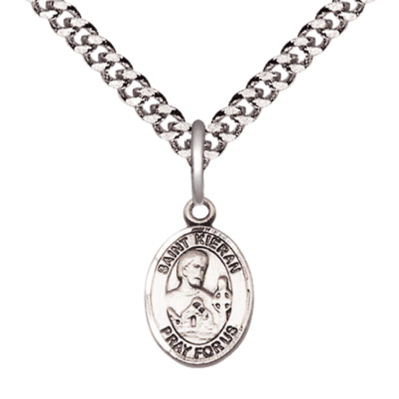 Pewter Saint Kieran Medal Pendant on 24 Inch Endless Rhodium Plated Heavy Curb Brass Chain, Catholic Religious Necklace -Made in USA- Deluxe Velvet Gift Box