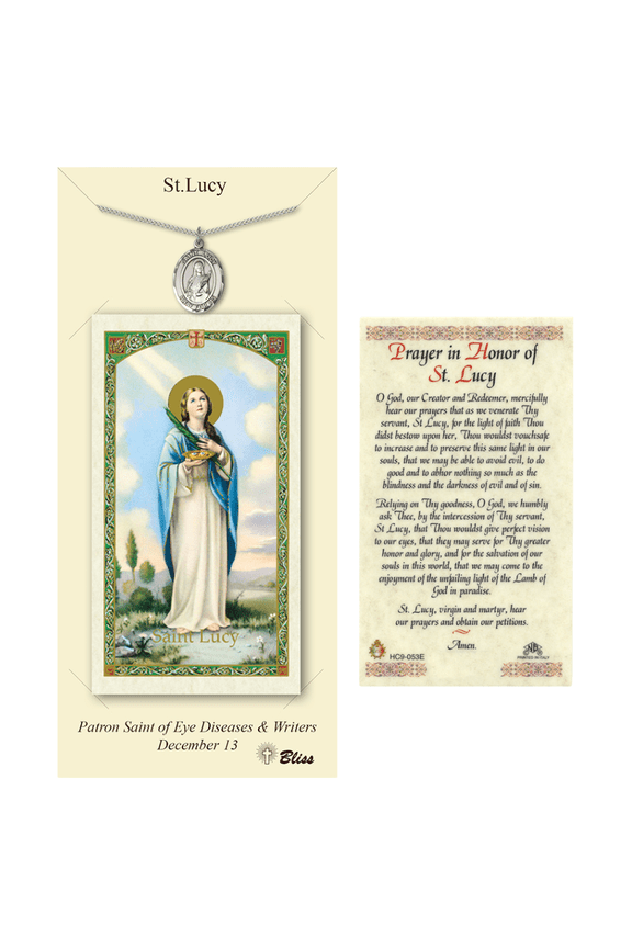 Pewter Saint Lucy Medal on a 18 inch Lite Curb Chain with a Prayer in Honor of St Lucy Prayer Card.