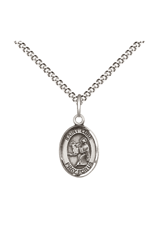 Pewter Saint Luke the Apostle Medal Pendant on 18 Inch Rhodium Plated Lite Curb Brass Chain with Lobster Claw Clasp, Catholic Religious Necklace - Made in USA- Velvet Gift Box