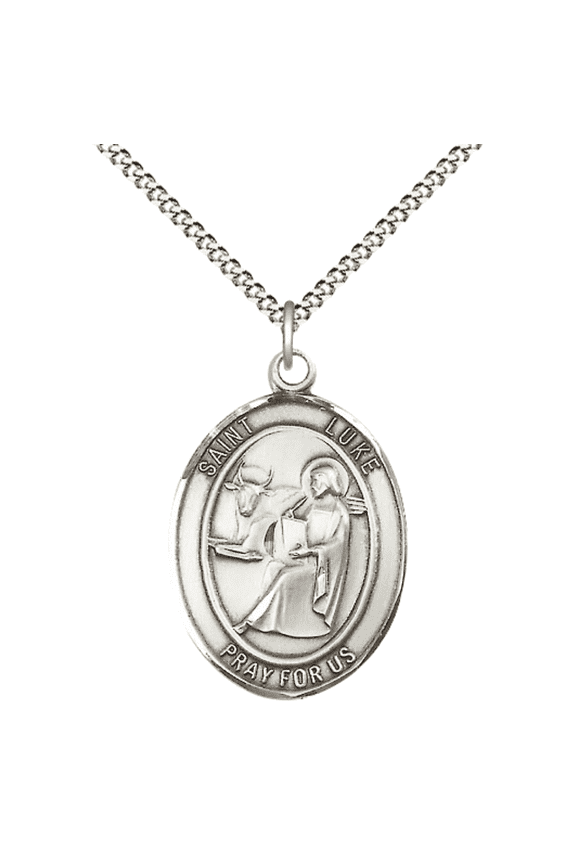 Pewter Saint Luke the Apostle Medal Pendant on 18" Rhodium Plated Lite Curb Brass Chain with Lobster Claw Clasp,Catholic Religious Necklace -Made in USA- Deluxe Velvet Gift Box