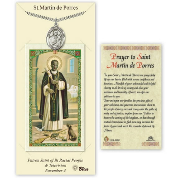 Pewter Saint Martin de Porres Medal on a 24 inch Heavy Curb Chain with a Prayer to St Martin de Porres Prayer Card.