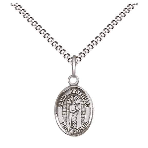 Pewter Saint Matthias the Apostle Medal Pendant on 18 Inch Rhodium Plated Lite Curb Brass Chain with Lobster Claw Clasp, Catholic Religious Necklace - Made in USA- Velvet Gift Box