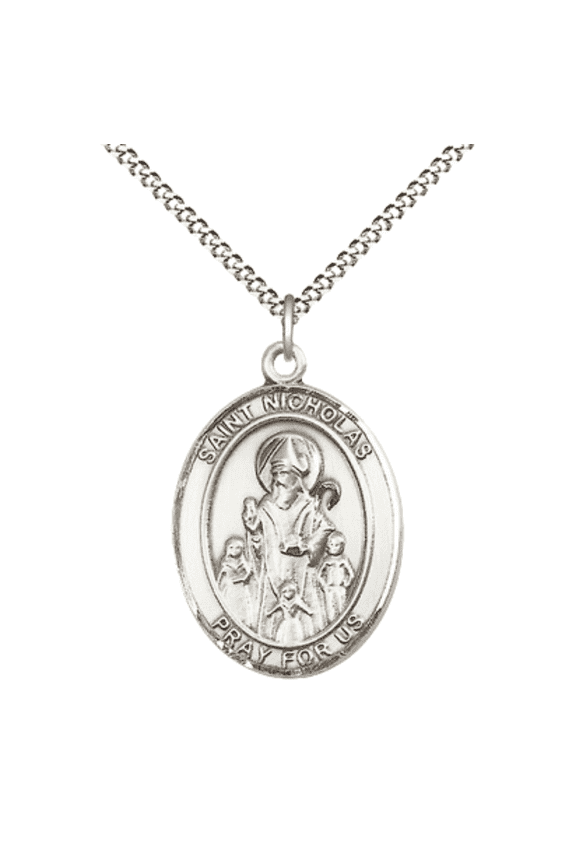 Pewter Saint Nicholas Medal Pendant on 18" Rhodium Plated Lite Curb Brass Chain with Lobster Claw Clasp,Catholic Religious Necklace -Made in USA- Deluxe Velvet Gift Box