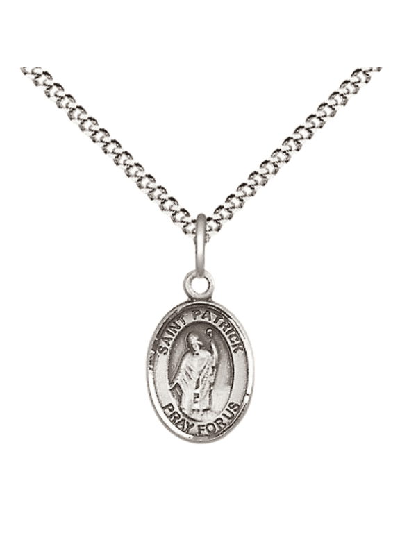 Pewter Saint Patrick Medal Pendant on 18 Inch Rhodium Plated Lite Curb Brass Chain with Lobster Claw Clasp, Catholic Religious Necklace - Made in USA- Velvet Gift Box