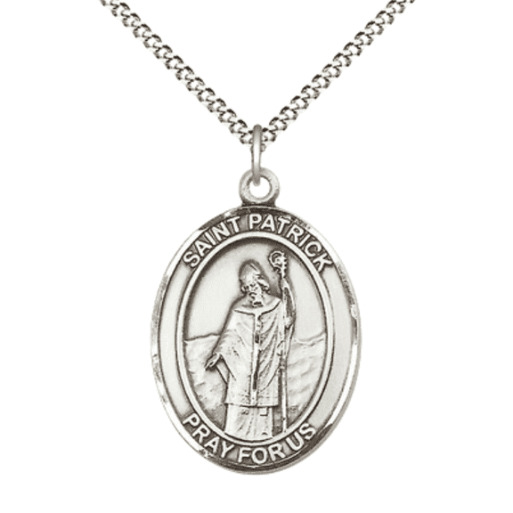 Pewter Saint Patrick Medal Pendant on 18 Inch Rhodium Plated Lite Curb Brass Chain w/ Lobster Claw Clasp, Catholic Religious Necklace -Made in USA- Deluxe Velvet Gift Box