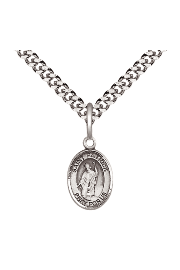 Pewter Saint Patrick Medal Pendant on 24 Inch Endless Rhodium Plated Heavy Curb Brass Chain, Catholic Religious Necklace -Made in USA- Deluxe Velvet Gift Box