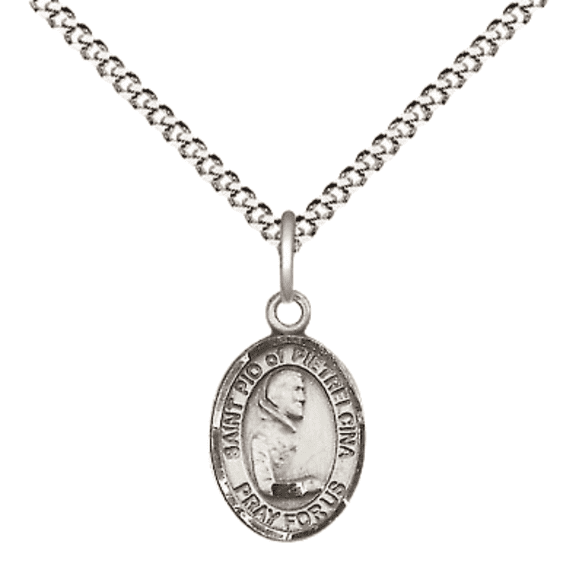 Pewter Saint Pio of Pietrelcina Medal Pendant on 18 Inch Rhodium Plated Lite Curb Brass Chain with Lobster Claw Clasp, Catholic Religious Necklace - Made in USA- Velvet Gift Box