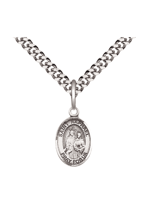 Small Pewter Saint Raphael the Archangel Medal Pendant on 24 Inch Endless Rhodium Plated Heavy Curb Brass Chain, Catholic Religious Necklace -Made in USA- Deluxe Velvet Gift Box