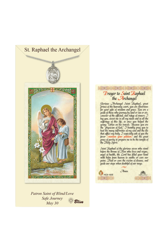 Pewter Saint Raphael the Archangel Medal on a 18 inch Lite Curb Chain with a Prayer to St Raphael the Archangel Prayer Card.