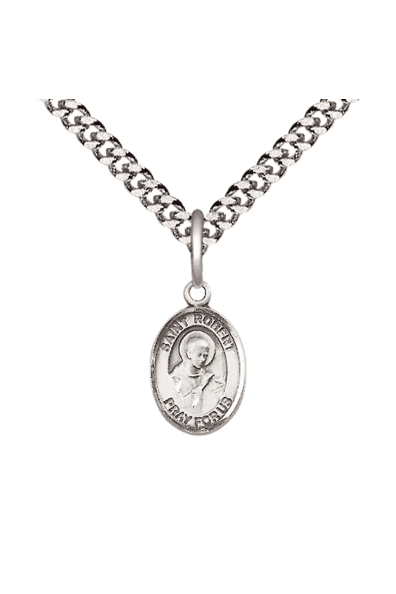 Pewter Saint Robert Bellarmine Medal Pendant on 24 Inch Endless Rhodium Plated Heavy Curb Brass Chain, Catholic Religious Necklace -Made in USA- Deluxe Velvet Gift Box