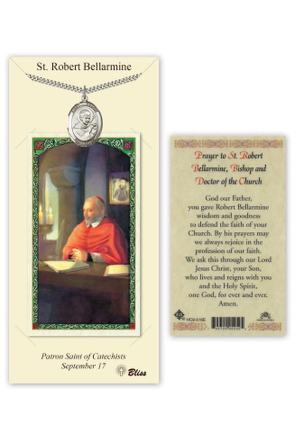 Pewter Saint Robert Bellarmine Medal on a 24 inch Heavy Curb Chain with a Prayer to Saint Robert Prayer Card.