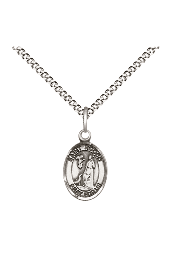 Pewter Saint Rocco Medal Pendant on 18 Inch Rhodium Plated Lite Curb Brass Chain with Lobster Claw Clasp, Catholic Religious Necklace - Made in USA- Velvet Gift Box