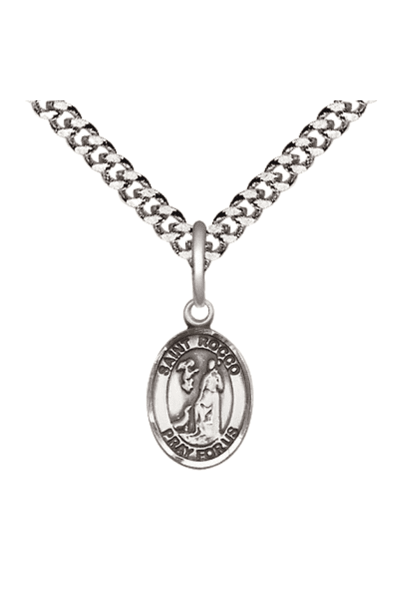 Pewter Saint Rocco Medal Pendant on 24 Inch Endless Rhodium Plated Heavy Curb Brass Chain, Catholic Religious Necklace -Made in USA- Deluxe Velvet Gift Box