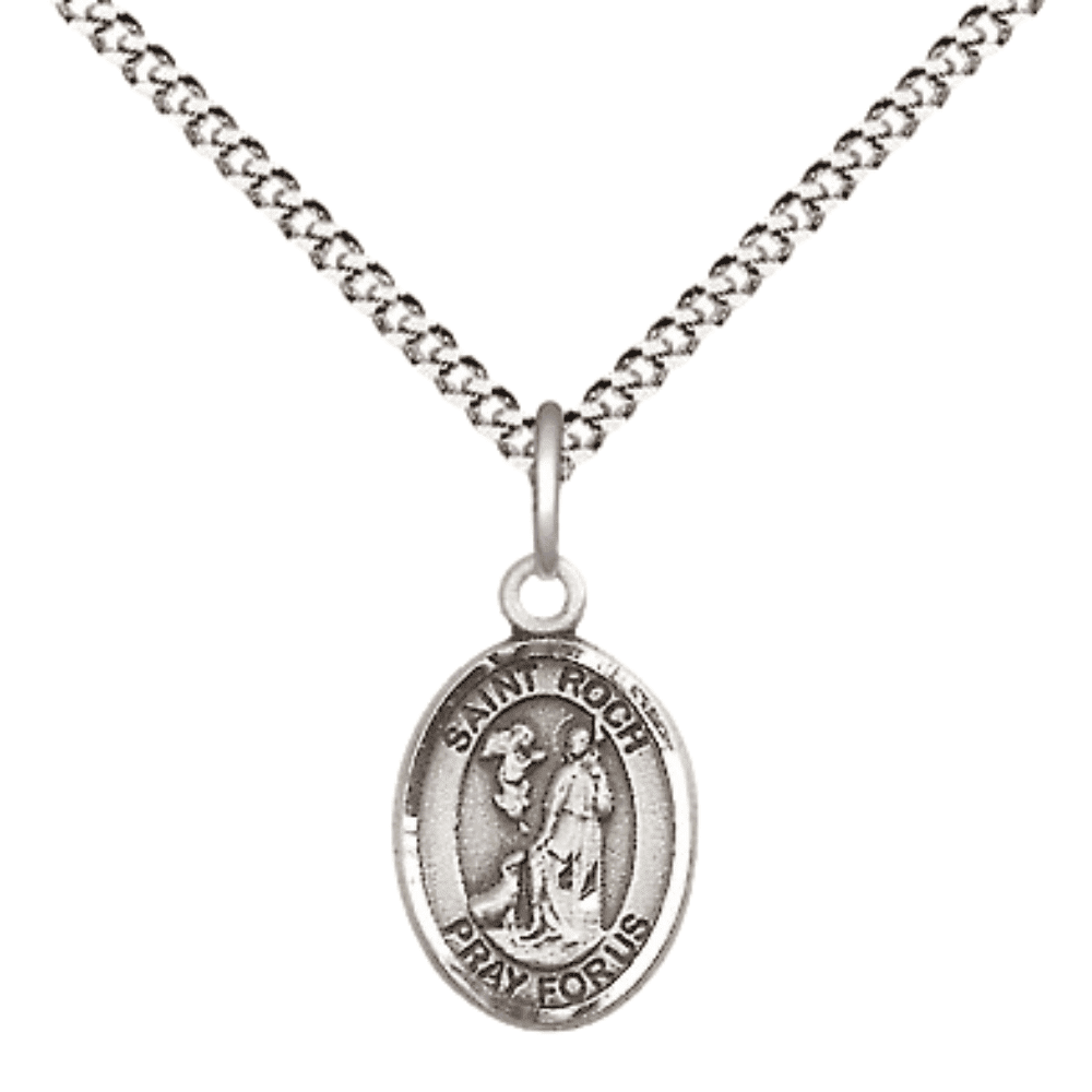 Pewter Saint Roch Medal Pendant on 18 Inch Rhodium Plated Lite Curb ...
