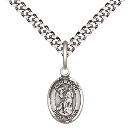 Small Pewter Saint Roch Medal Pendant on 24 Inch Endless Rhodium Plated Heavy Curb Brass Chain, Catholic Religious Necklace -Made in USA- Deluxe Velvet Gift Box