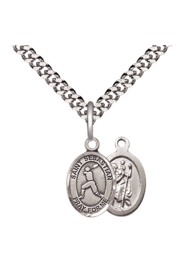 Pewter Saint Sebastian Baseball Medal Pendant on 24 Inch Endless Rhodium Plated Heavy Curb Brass Chain, Catholic Religious Necklace -Made in USA- Deluxe Velvet Gift Box