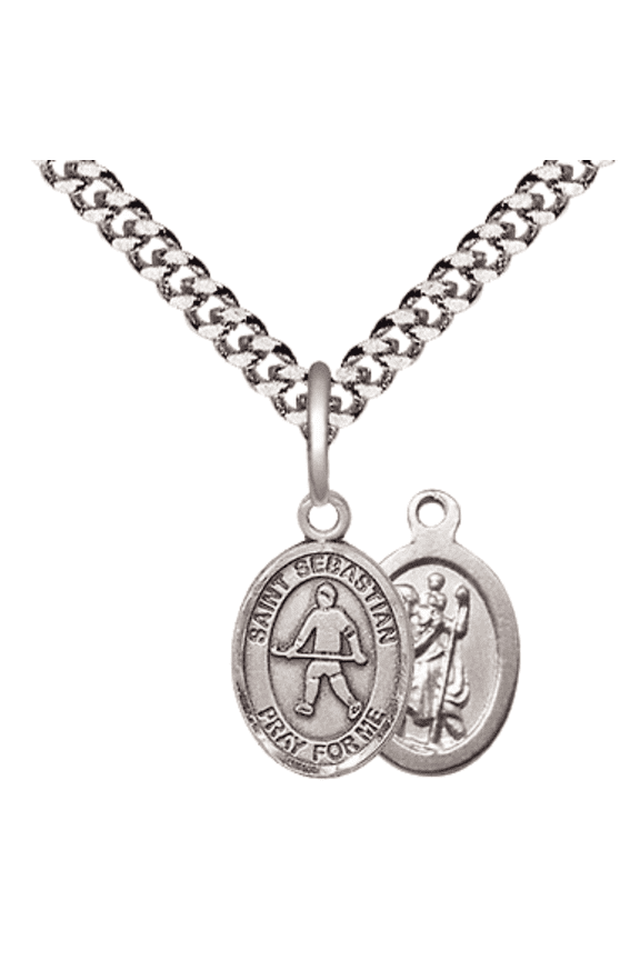 Pewter Saint Sebastian Field Hockey Medal Pendant on 24 Inch Endless Rhodium Plated Heavy Curb Brass Chain, Catholic Religious Necklace -Made in USA- Deluxe Velvet Gift Box