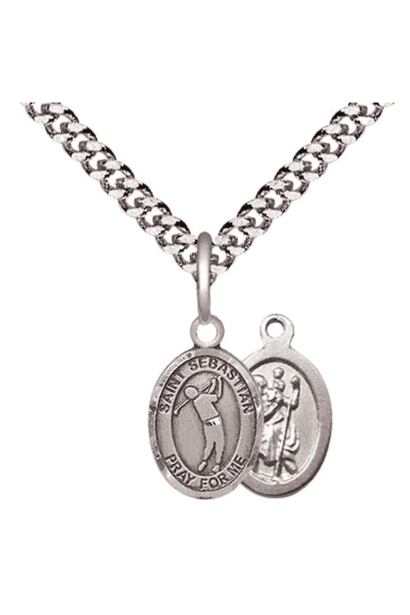 Small Pewter Saint Sebastian Golf Medal Pendant on 24 Inch Endless Rhodium Plated Heavy Curb Brass Chain, Catholic Religious Necklace -Made in USA- Deluxe Velvet Gift Box