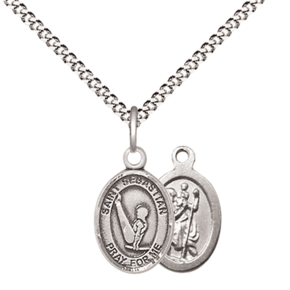 Pewter Saint Sebastian Gymnastics Medal Pendant on 18 Inch Rhodium Plated Lite Curb Brass Chain with Lobster Claw Clasp, Catholic Religious Necklace - Made in USA- Velvet Gift Box