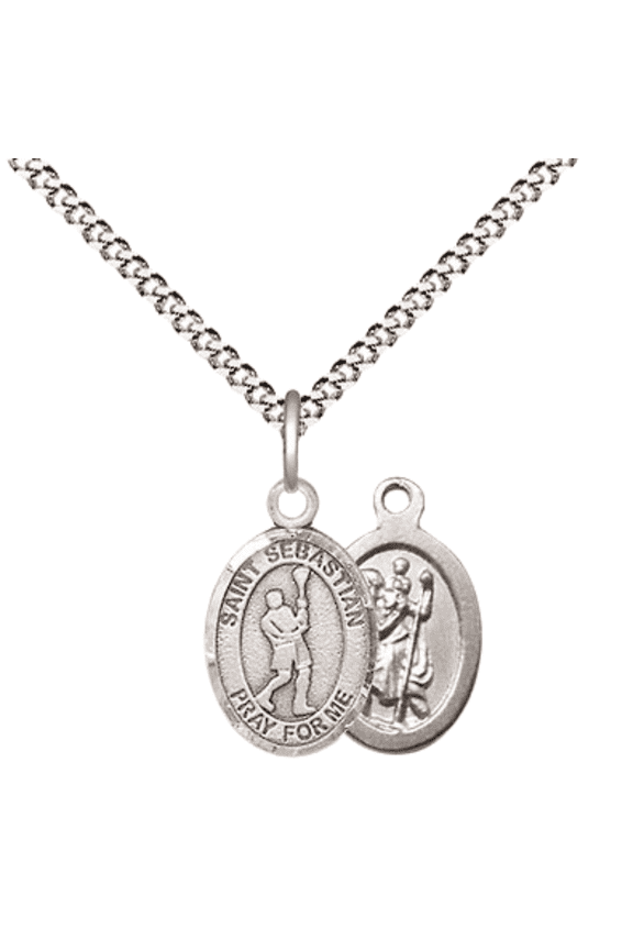 Pewter Saint Sebastian Lacrosse Medal Pendant on 18 Inch Rhodium Plated Lite Curb Brass Chain with Lobster Claw Clasp, Catholic Religious Necklace - Made in USA- Velvet Gift Box