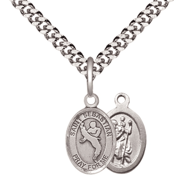 Small Pewter Saint Sebastian Martial Arts Medal Pendant on 24 Inch Endless Rhodium Plated Heavy Curb Brass Chain, Catholic Religious Necklace -Made in USA- Deluxe Velvet Gift Box