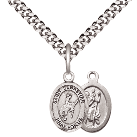 Pewter Saint Sebastian Rodeo Medal Pendant on 24 Inch Endless Rhodium Plated Heavy Curb Brass Chain, Catholic Religious Necklace -Made in USA- Deluxe Velvet Gift Box