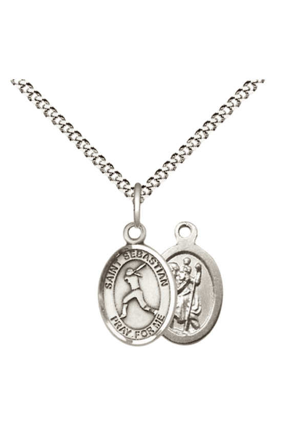 Pewter Saint Sebastian Softball Medal Pendant on 18 Inch Rhodium Plated Lite Curb Brass Chain with Lobster Claw Clasp, Catholic Religious Necklace - Made in USA- Velvet Gift Box