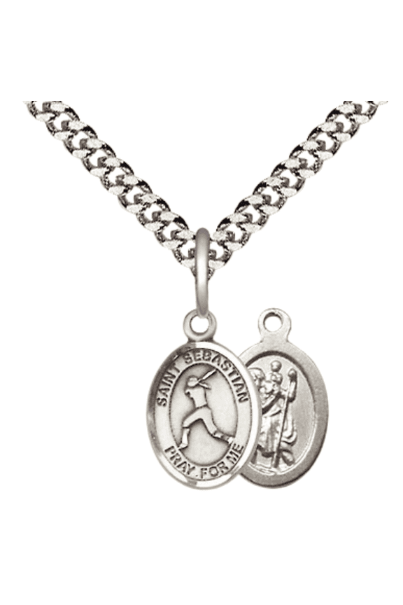 Pewter Saint Sebastian Softball Medal Pendant on 24 Inch Endless Rhodium Plated Heavy Curb Brass Chain, Catholic Religious Necklace -Made in USA- Deluxe Velvet Gift Box
