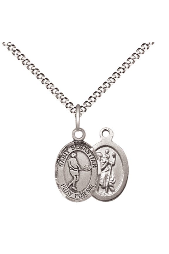 Pewter Saint Sebastian Tennis Medal Pendant on 18 Inch Rhodium Plated Lite Curb Brass Chain with Lobster Claw Clasp, Catholic Religious Necklace - Made in USA- Velvet Gift Box